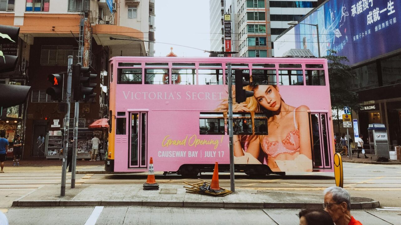 A tram with an ad for retail giant Victoria's Secret