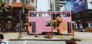 A tram with an ad for retail giant Victoria's Secret